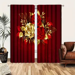 2pcs Red and Gold Rose Pattern Decorative Window Curtain