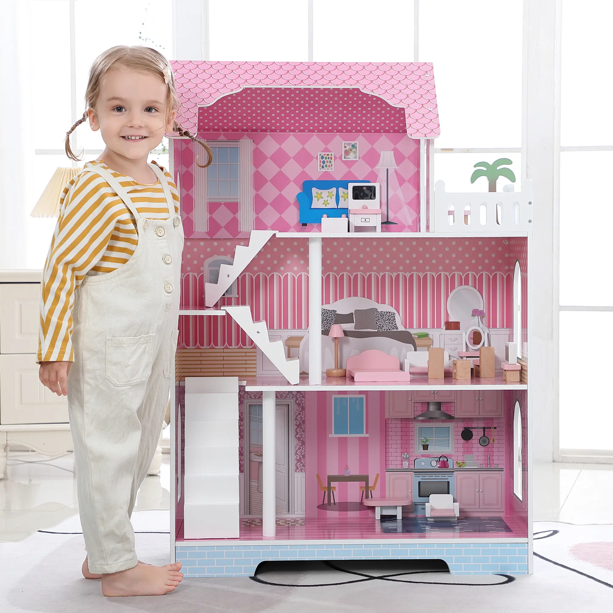 DOMISO Kids Wooden Doll House Playset with Accessories, 3 Story Toddler Dollhouse, Pretend Play Toys Gift for Kids