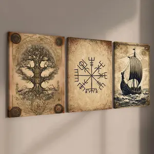 Norse Mythology Ancient Charm Poster, 3 Counts Wooden Framed Canvas, Modern Art Fashion Decoration, Art Wall Decoration, Corridor Art, Office, Apartment Dormitory Poster, Ornaments