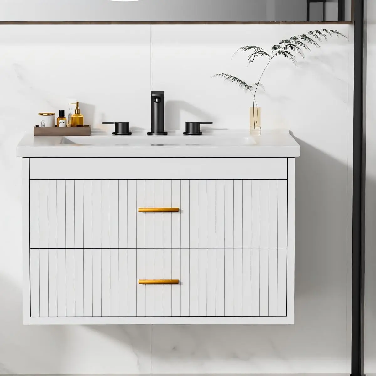 30 Inch White Floating Fluted Bathroom Vanity with Ceramic Sink, Wall Mounted Modern Vanity Cabinet with 2 Soft-Close Drawers & Gold Handles, Easy to Assemble,White