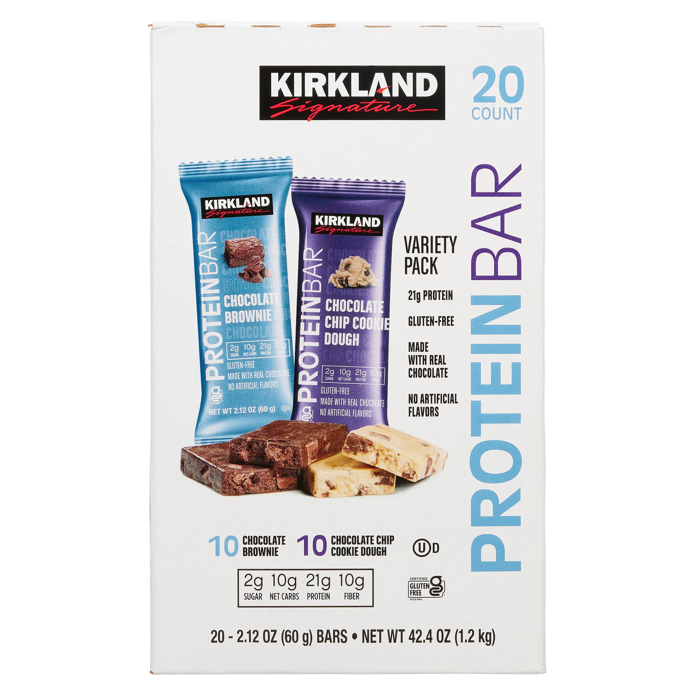 Kirkland Signature Protein Bar Variety Pack 20 Count 21g Protein 2g Sugar 10g Fiber Chocolate Brownie Peanut Butter Cookie Dough Flavors Gluten Free Kosher Dairy Snack outdoorfun