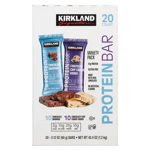 Kirkland Signature Protein Bar Variety Pack 20 Count 21g Protein 2g Sugar 10g Fiber Chocolate Brownie Peanut Butter Cookie Dough Flavors Gluten Free Kosher Dairy Snack