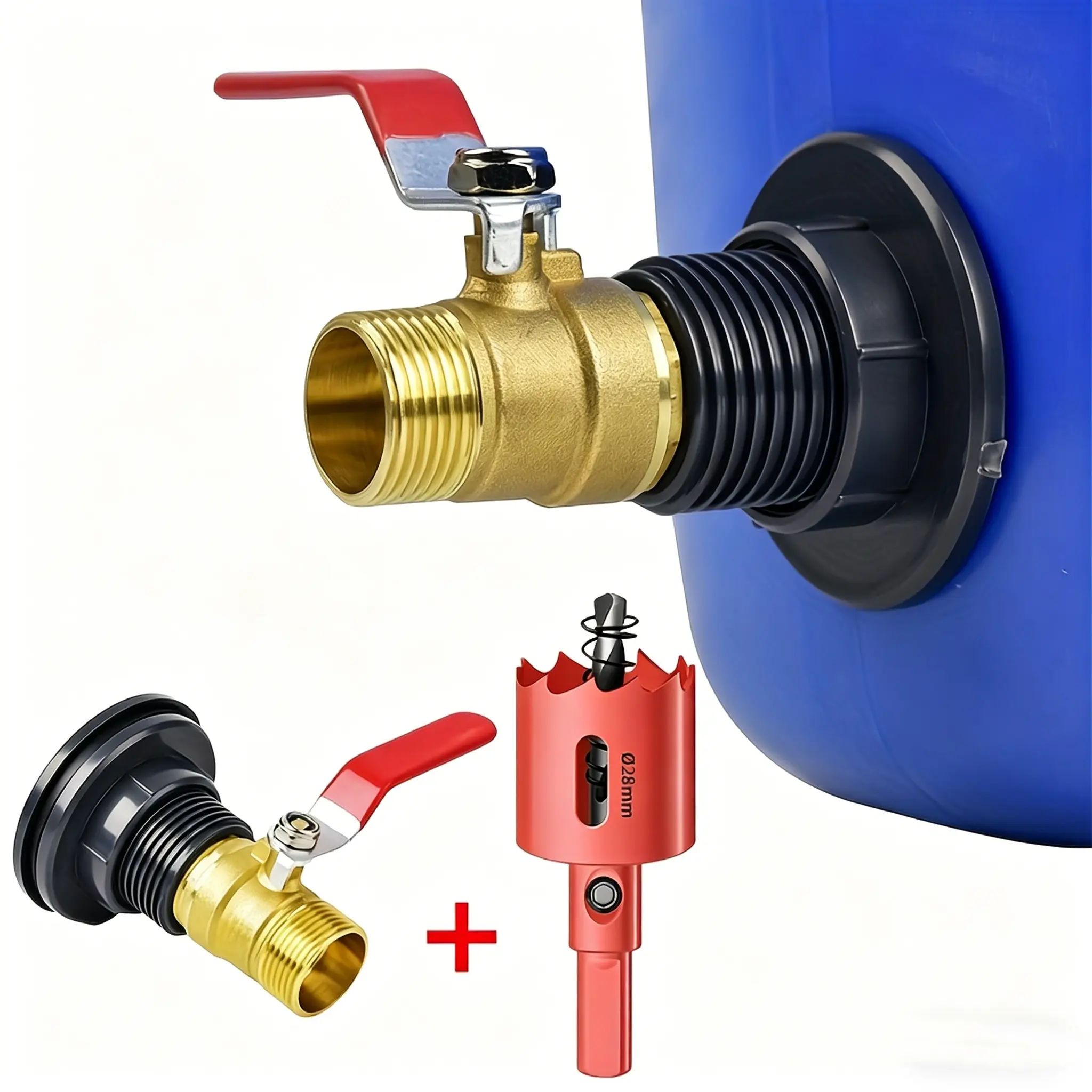 3-Piece Durable Rain Barrel Connector Kit - Includes Hole Saw, Large PVC Bulkhead Adapter, Rain Barrel Overflow Kit, Brass Ball Valve, and Aquarium Fittings - Compatible with 1/2" (DN15) Male-Threaded Connections - Ideal for Rain Barrels, Aquariums, Water