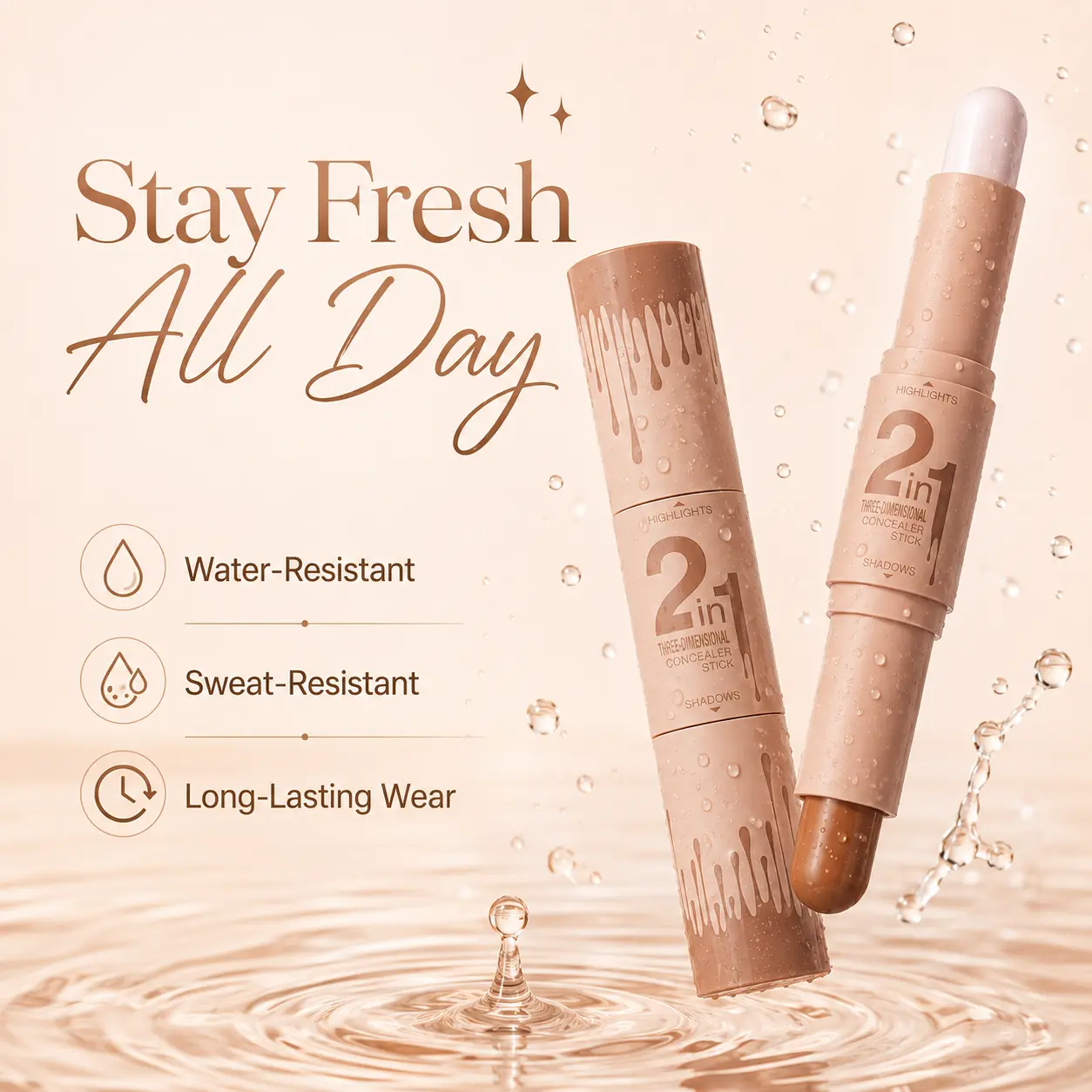 2-in-1 Contour & Highlighter Stick | Cream Sculpting Duo for Snatched Face | Blendable Bronzer & Glow Stick | Natural Finish for All Skin Tones Beige Brush