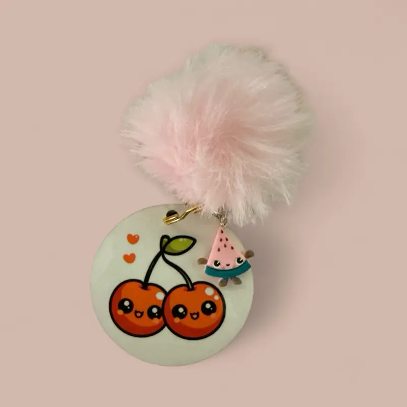 Cherry Fruit Keychain with Pom Pom - Adorable Cartoon Design for Personal Accessory