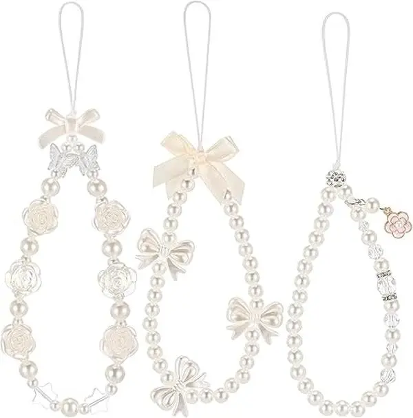 3 Pcs Phone Charms Strap Camera Charm Strap Pearl Beaded Butterfly Bow Flower Cute Phone Wrist Lanyard Bracelet for Camera Keychain Wallet Decor Graduation Gifts