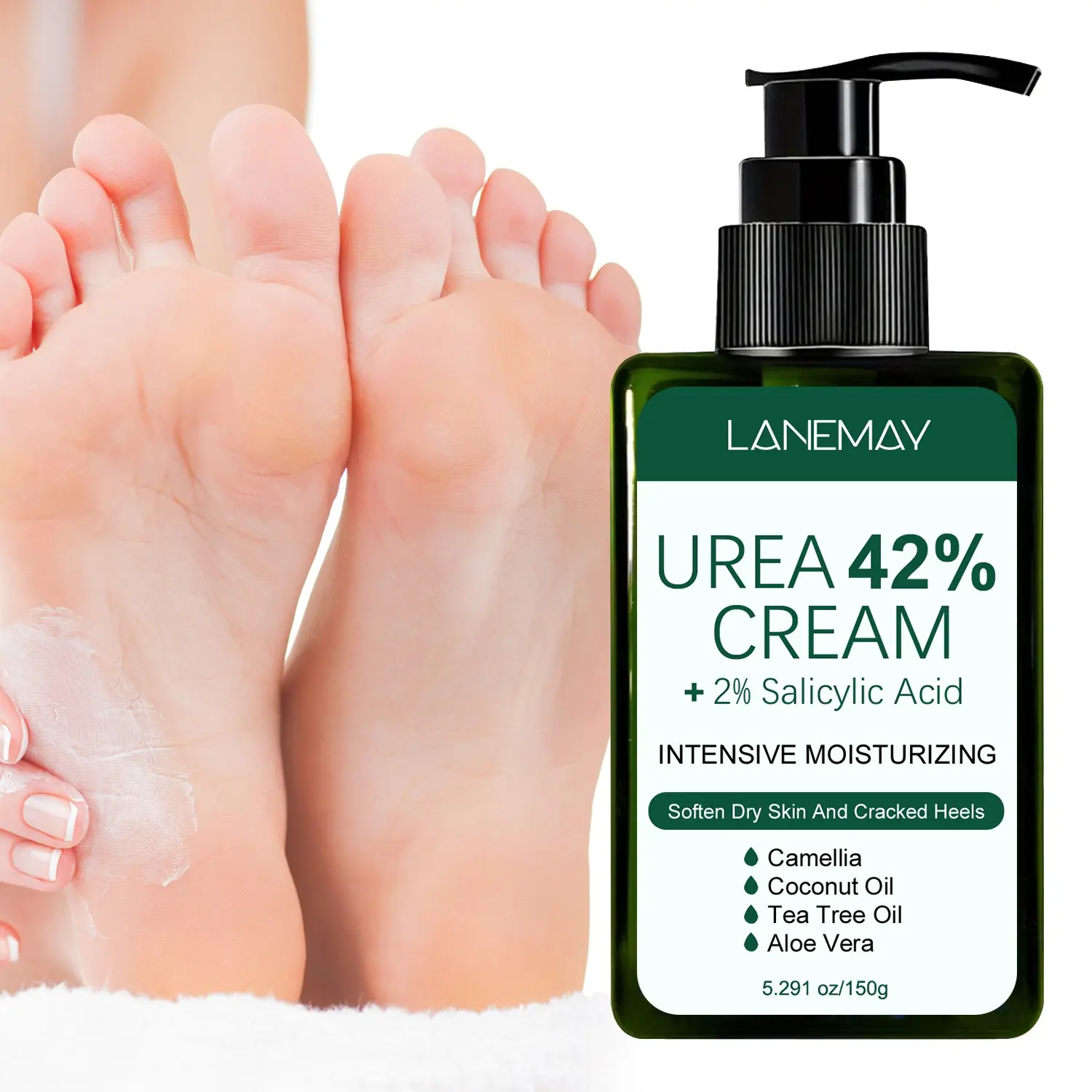 150g - Urea 42% Intensive Hydrating Moisturizing Foot Care Cream - 2% Salicylic Acid, Aloe Vera, Coconut & Tea Tree Oils Formula Moisture - Smooth Skin & Cracked Heel Repair - 7 Minute Treatment Moisturizer