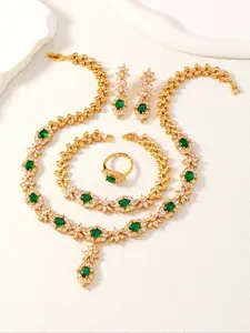 Elegant Flower Design Artificial Gemstone Jewelry Set, Matching Jewelry Set, Necklace Gift Set, Including Necklace, Earrings, Ring & Bracelet, Fashion Jewelry Accessories for Women