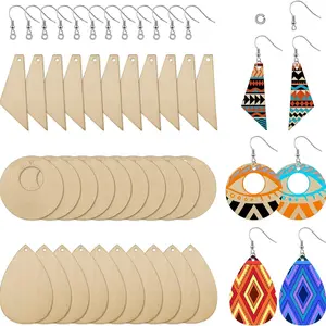 90pcs Wooden Geometric Pendant Set with Ear Hooks, DIY Craft Supply for Earrings in Triangle, Drop, and Round Shapes, Earring Making, Earring Supplies