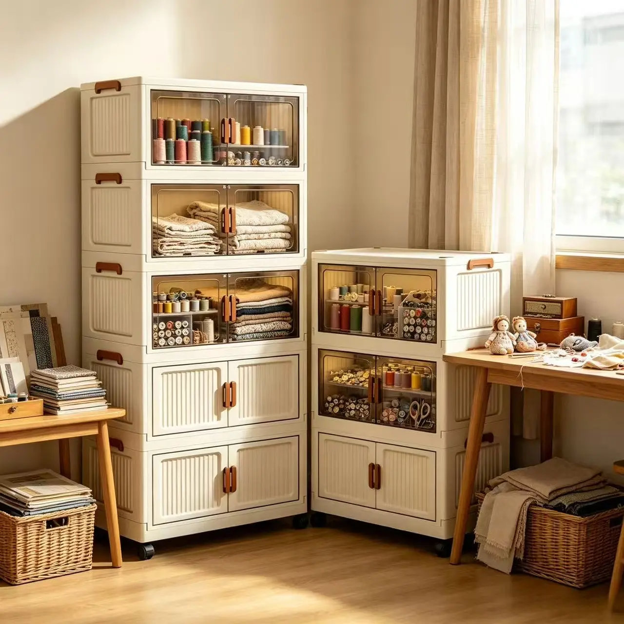 Foldable and stackable storage cabinet with wheels, transparent double-door plastic storage cabinet, collapsible storage box, suitable for storing sewing supplies, clothes and books, a multi-scene household storage organizer box