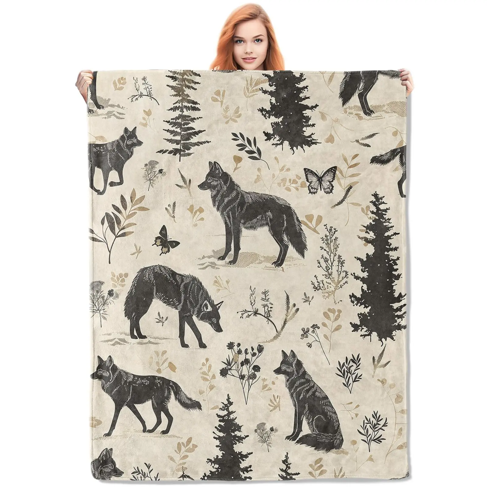 Warm Flannel Fleece Blanket - Soft, Lightweight Wildlife-Print Throw with Wolf & Forest Design, 60x80 in, Flannel Fleece Blankets for Cozy Bedding & Linens Use, Soft Fleece Blanket