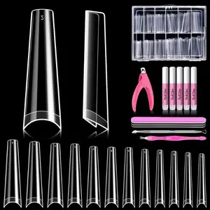 240 Pcs Half Cover Coffin Nail Tips Clear Acrylic Extra Long False Nail Tips with Glue, Clipper, Files and Cuticle Fork for Salons and Home DIY