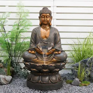 Tankana 45" Zen Buddha Water Fountain Outdoor with LED Light Large Indoor Waterfall Fountains for Patio Garden Balcony Backyard Relaxing Decorative Water Feature Gold Freestanding Leaf Water Fountain with Exquisite Lotus Base