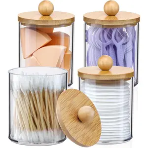 4 Pack Qtip Holder Dispenser with Bamboo Lids - 10 oz Clear Plastic Apothecary Jar Containers for Vanity Makeup Organizer Storage Bathroom Accessories for Cotton Swab Ball Pads Floss