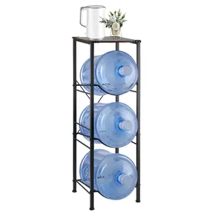 3-Tier Water Bottle Rack with Wood Top and Metal Frame for 5 Gallon Jugs Storage Stand in Black Finish