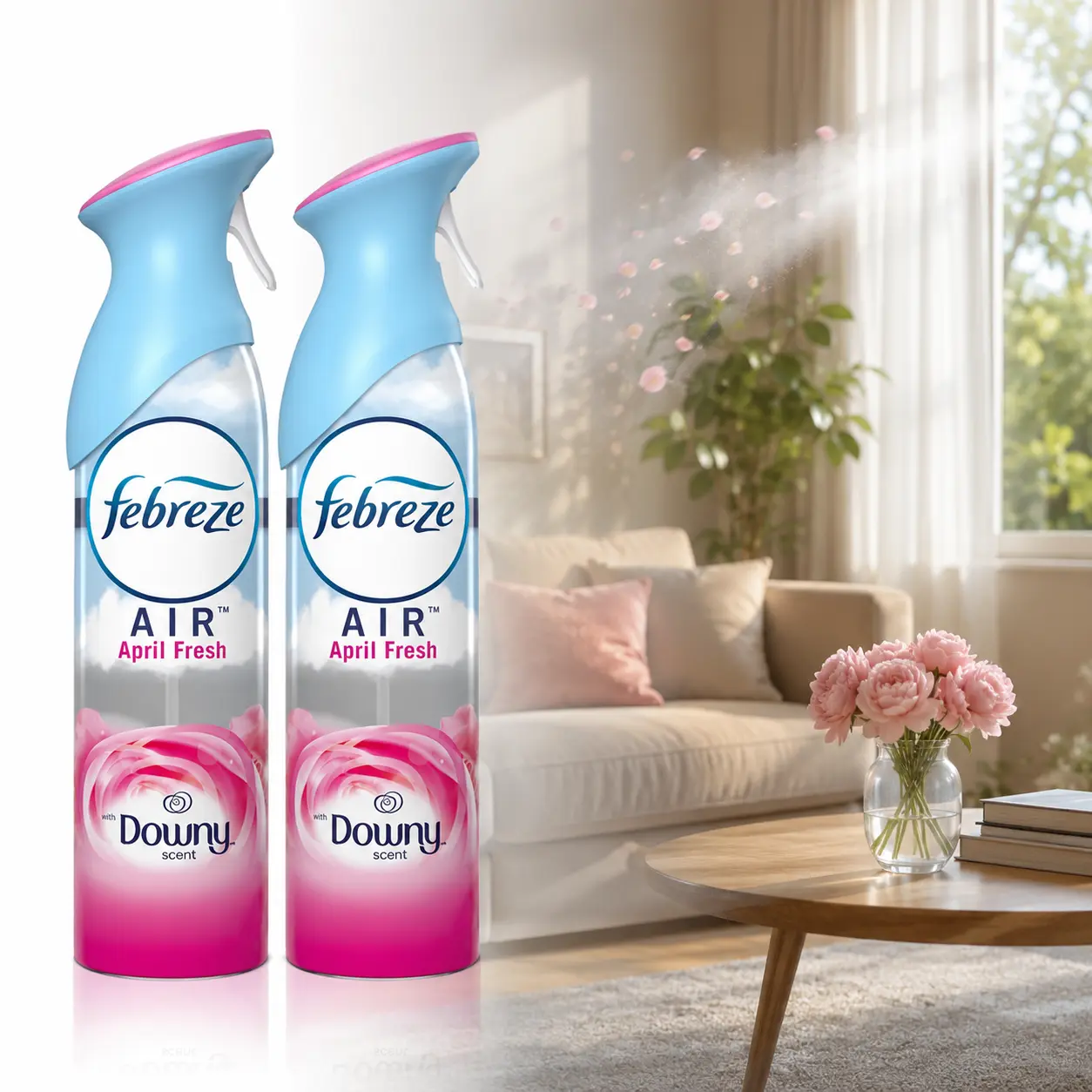 Febreze Air Freshener Spray Downy April Fresh 8.8oz,laundry fresh fragrance,softener scent,room deodorizer,bad smell control,upright can,daily air care,bedroom,closet,entryway,hallway,mudroom,trash area,pet area,smoke smell,cooking smells,musty air,den,RV