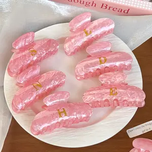 Pink Iridescent Gold Foil Initial Letter Hair ClawClips | Large Acrylic Half Moon Claw Clip for Thick Hair | Hair Claw for Updo Hairstyle #clawclips#