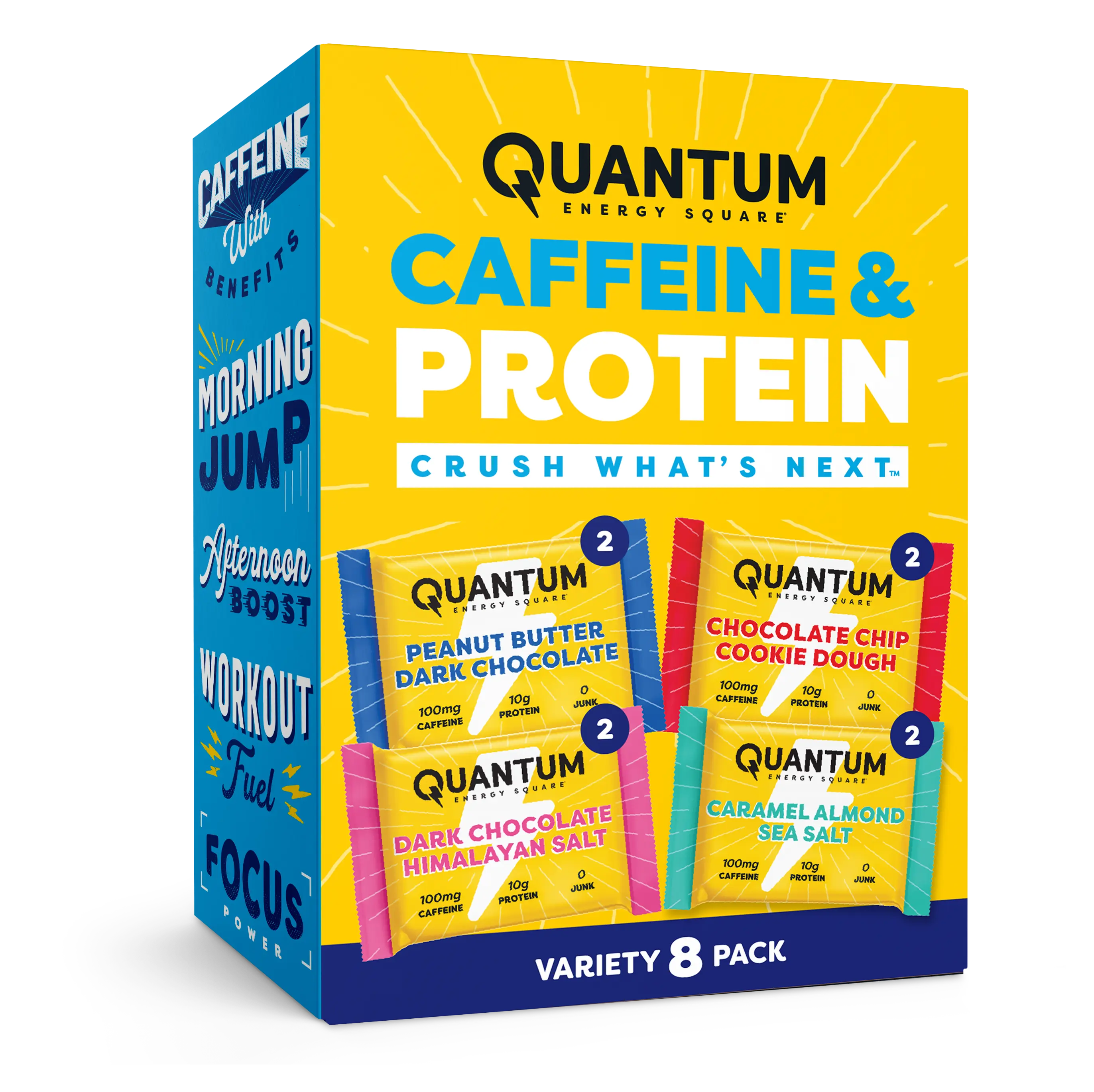 Quantum Energy Square Healthy Protein Energy Bars Variety 8Pk Snack - Organic Caffeine with Balanced Macronutrients, 10g Plant-Based Protein, Vegan, Gluten-Free, Non-GMO