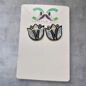 White/Black + Glitter Lightning Bolt Mini Tulip Earrings | Handmade Polymer Clay | Sterling Silver .925 Posts | Lightweight & Hypoallergenic | Southwest-Inspired Stud Earrings