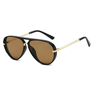 Y2K Aesthetic Unisex Aviator Sunglasses, Black Frame, Gold Metal Legs, UV400 Protection, Warm Brown Lenses