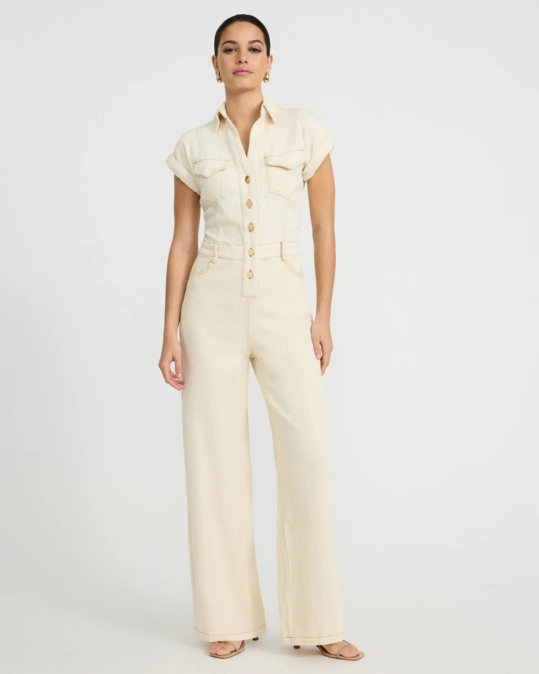 Express Stretch Denim Short Sleeve Wide Leg Jumpsuit