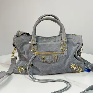 Pre-owned Balenciaga Classic Metallic Edge City Bag in Grey Suede with Gold Tone Hardware