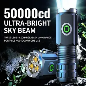 50000CD Ultra-Bright Triple Lens LED Flashlight Long Range Beam Rechargeable Mini Tactical Torch Waterproof Portable for Outdoor Home Use
