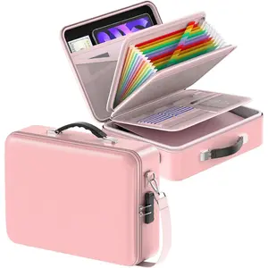 Fireproof Document Box with Lock&Shoulder Strap, Hard-Shell Case File Organizer with Accordion File Folder, Multi-Layer Portable Home Office (Black)