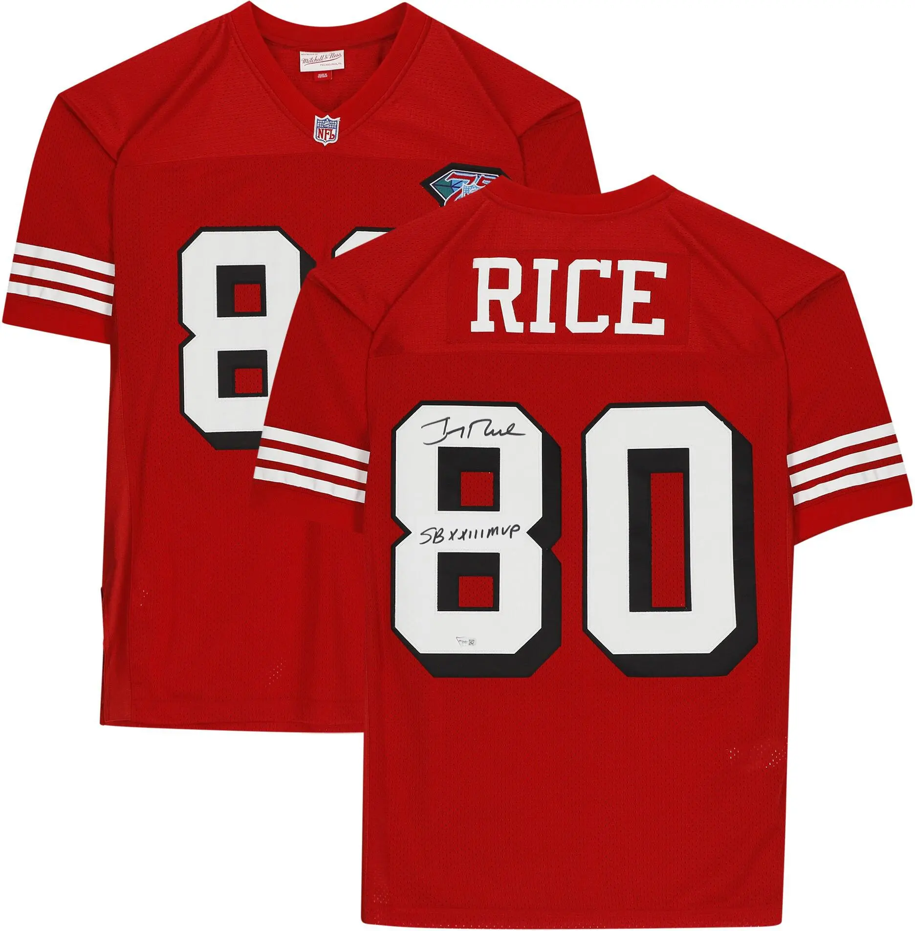 Jerry Rice San Francisco 49ers Autographed 75th Anniversary Red Mitchell & Ness Authentic Jersey with "SB XXIII MVP" Inscription - Fanatics Authentic Certified