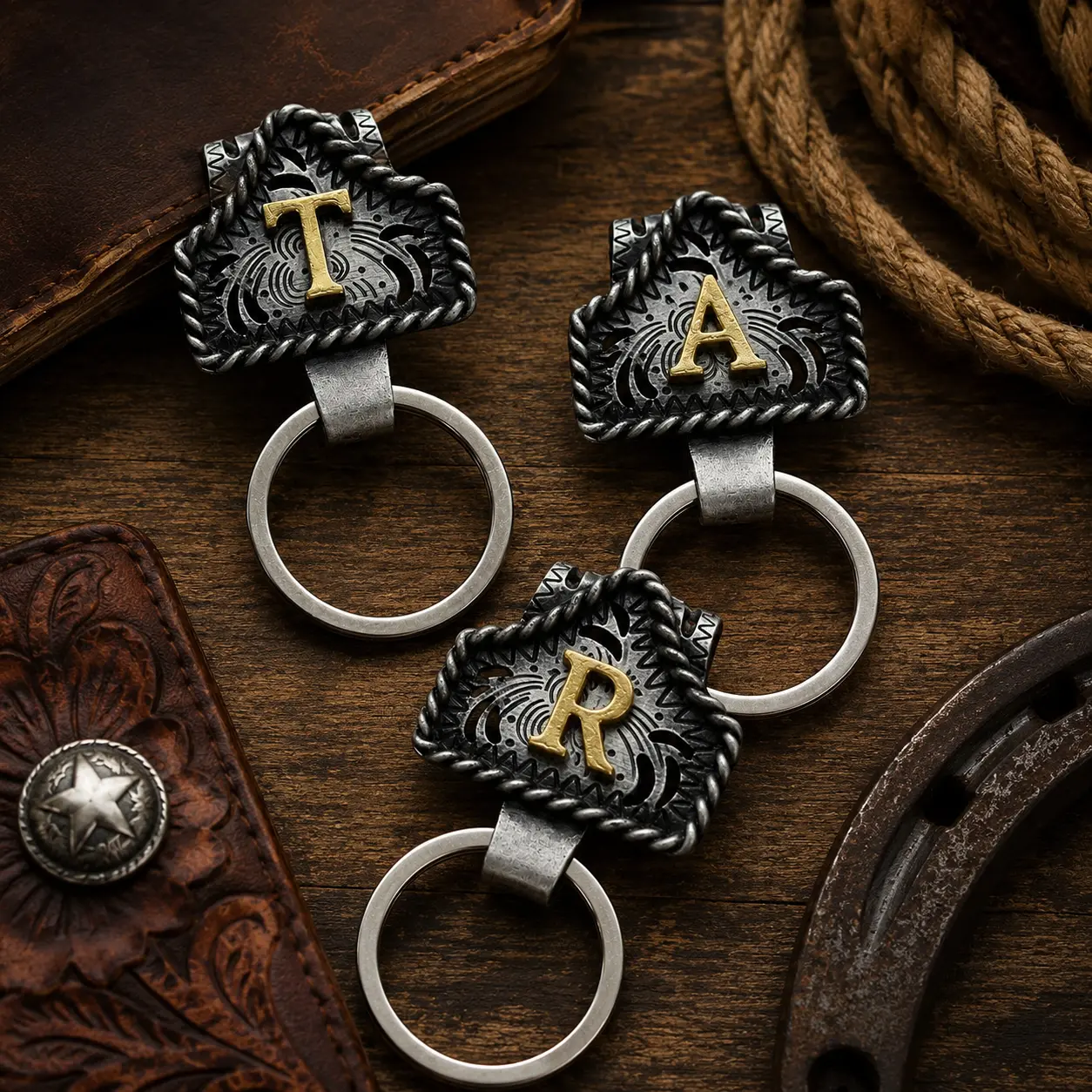 Western Cow Tag Keychain with Personalized Copper Initial, Handmade Metal Belt Key Holder, Stylish Ranch Accessory for Cowboys & Cowgirls, Letter Keychain, Multifunctional Keychain Key Rings For Car Keys