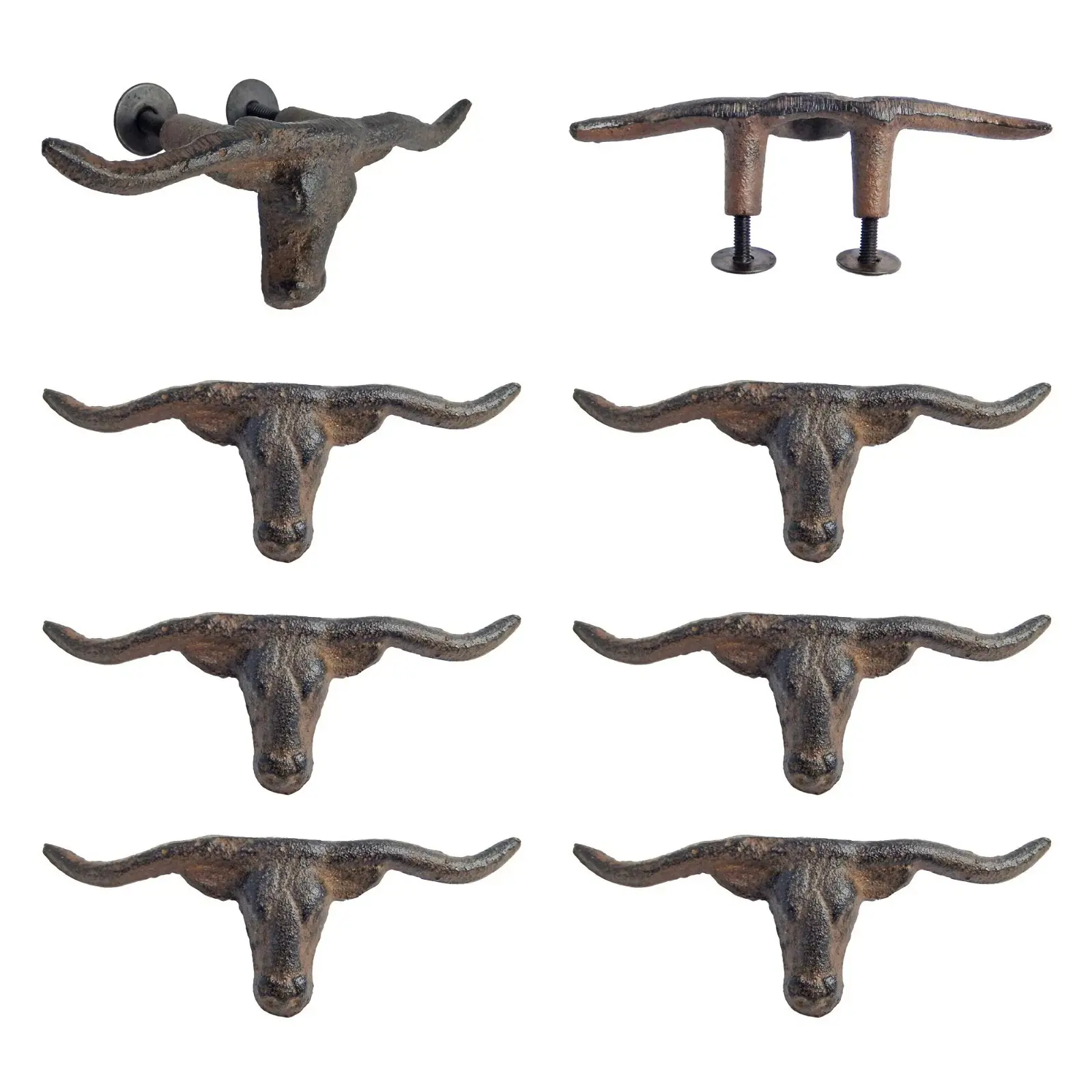 Rustic Cast Iron Longhorn Steer Drawer Pull Handle Knob Brown 4.75" (Pack of 6)