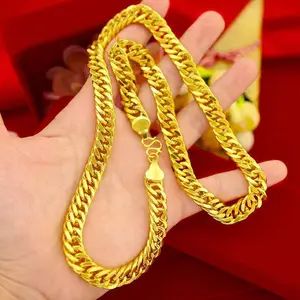 Unisex 8MM Copper Cuban Link Chain, High-Quality Long Fashion Necklace with Unique Chinese Fu Character Design, Gold Statement Chain, Ideal Valentine's Day Gift for Costume Jewelry Enthusiasts