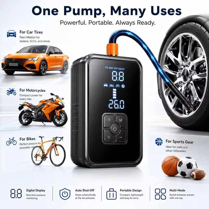 BRAWHOOHE Compact Rechargeable Tire Inflator Tool - Wireless Vehicle Tire Inflator Air Compressor with Digital Display, LED Light, USB Charging, Multi-Function Nozzle Adapter, Rechargeable Battery for Cars/Bikes, Balls