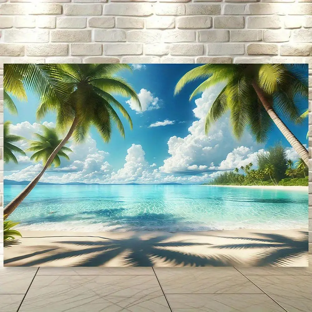 1pc Synthetic 2D Flat Tropical Print Polyester Wall Hanging Backdrop Banner - Standard Palm Tree & Ocean View Wall Covering, Home Supplies, Party Decorations Banners, No Electricity Needed