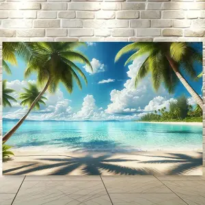 2D Flat Tropical Print Polyester Wall Hanging Backdrop Banner, 1pc Palm Tree & Ocean View Wall Covering, No Electricity Needed, Ideal for Home Office Decor & Party Decoration Supplies,summervibes