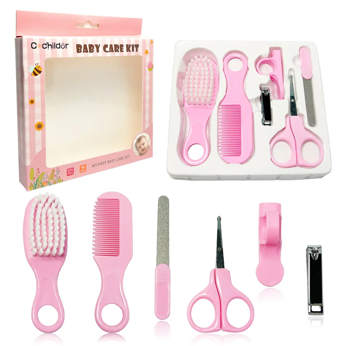 Cochildor 6Pcs Safe Newborn Grooming Kit, 0-3 Months Unisex Baby Manicure Set, Round Edge Nail Clippers Scissors, Soft Hair Brush & Comb, Nail File, Portable Travel Baby Shower Gift, Blue Pink Available