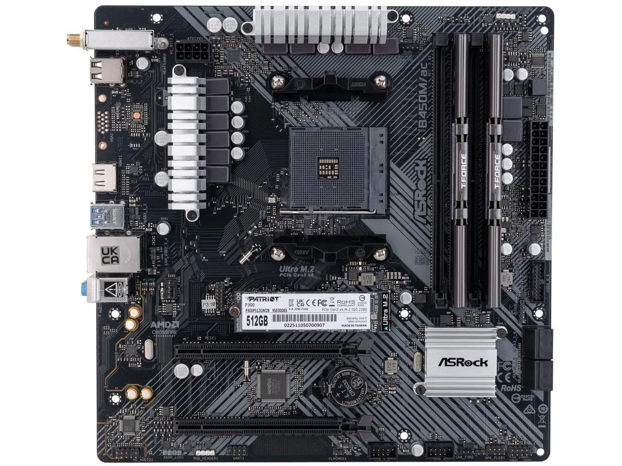 PC DIY Starter Kit – ASRock B450M/AC R2.0 AM4 Micro ATX WiFi Motherboard with Pre-Installed Team T-FORCE VULCAN Z 16GB (2x8GB) DDR4-3200 and Patriot P300 512GB NVMe M.2 SSD