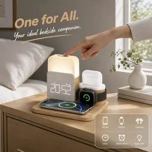 7-in-1 Fast Wireless Charger Trio Magnetic Station with Alarm Clock & 3-Color Dimmable Night Light. MagSafe Dock for iPhone 17-12, Apple Watch, AirPods, Samsung. Fast Charging, USB-C & 2 USB Ports. Portable Travel Desk Organizer for TikTok Shop