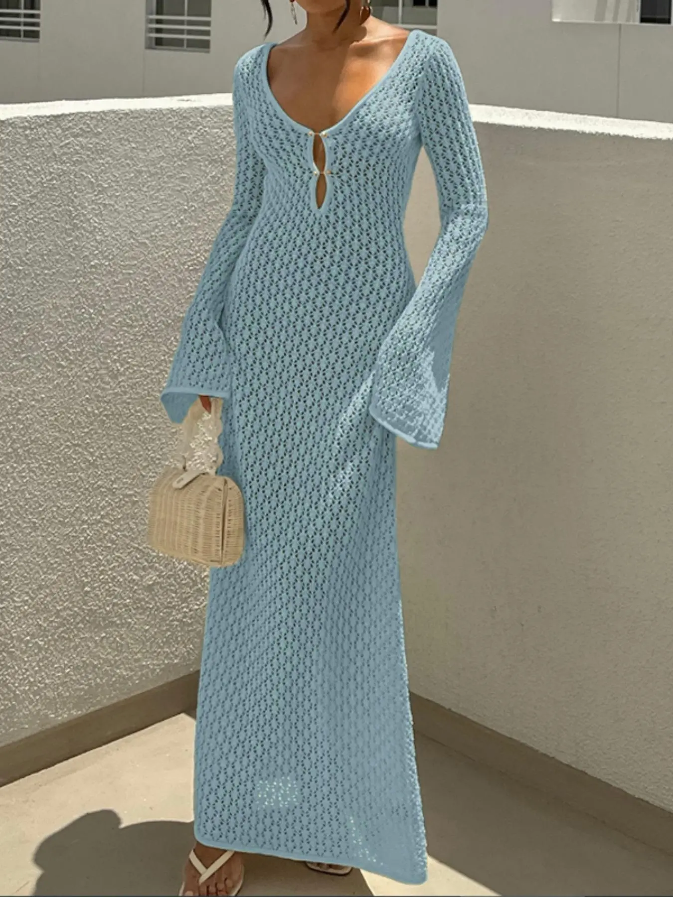 Women's Hollow Out Textured Long Sleeve Vacation Knit Beachwear Cover Up, Beach Sun Protection Backless Dress, Casual Fitted All Season Wear Beach Cover Ups, Beach Coverup