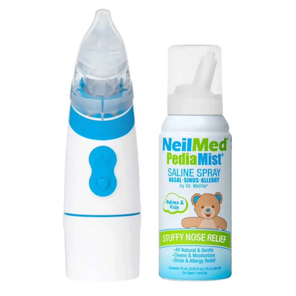 NeilMed Battery Operated Nasal Aspirator & PediaMist Saline Spray Bundle - Gentle Suction & Soothing Mist for Babies & Kids Stuffy Nose Relief