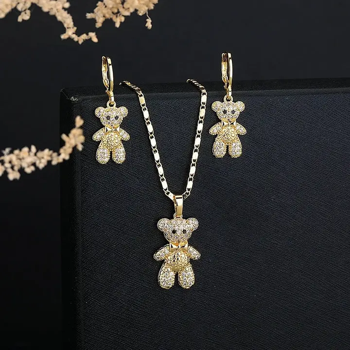 18K Gold Plated Sparkling Teddy Bear Cubic Zirconia Necklace & Earrings Jewelry Set