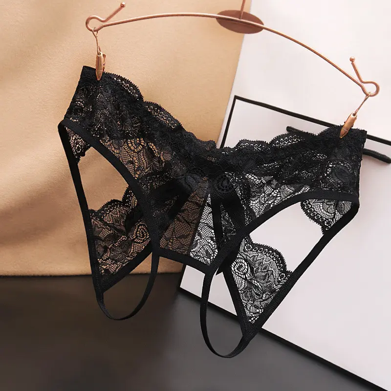 Women's Low-Waist Lace Panties - Open-Crotch, Hollow-Out Design, Satin Strap Accent, Breathable, Easy to Wear/Remove, Multi-Size, Multi-Color Garment with Leg-Contoured Fit, Sexy, Thong, Soft
