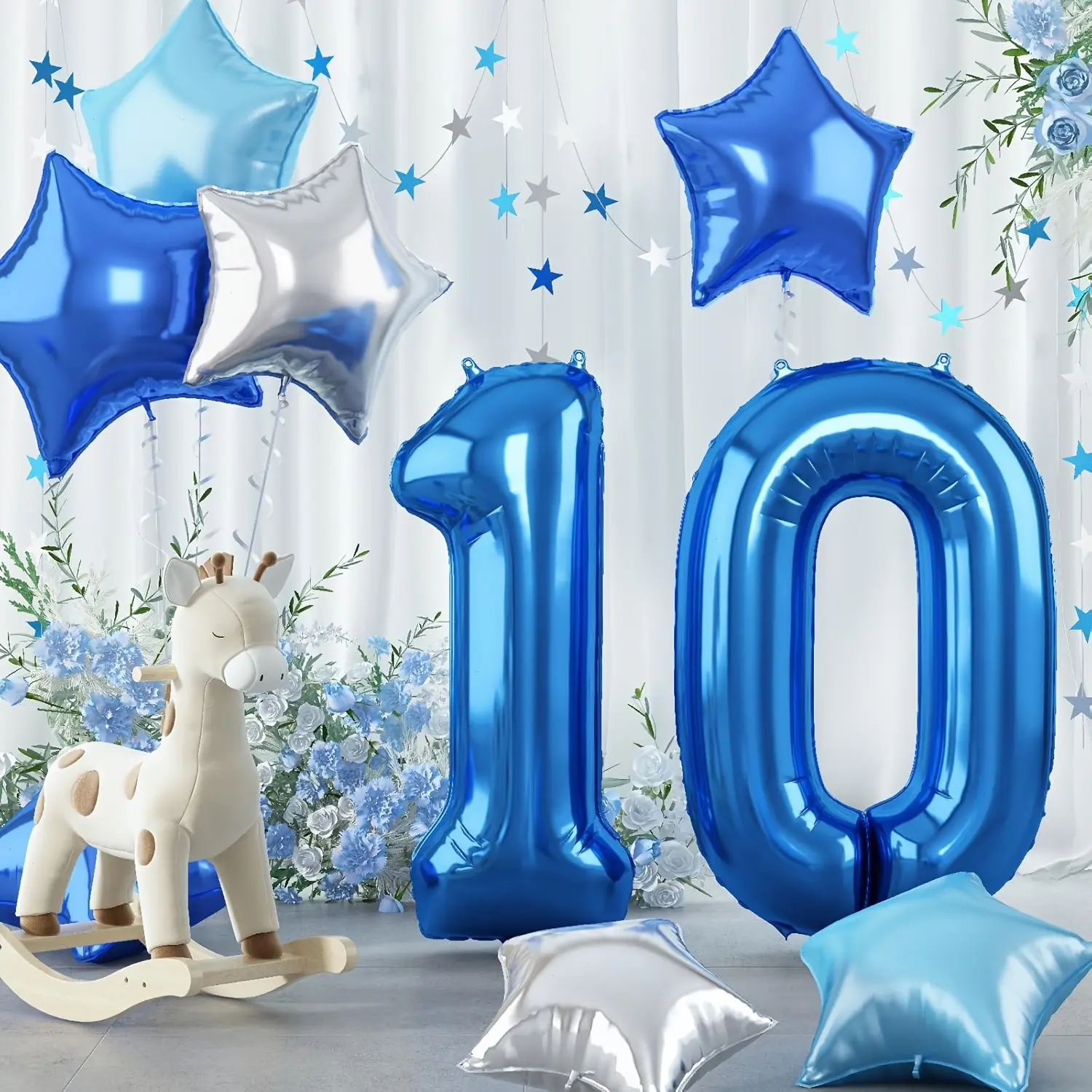 12-Pc Dark Blue Number Shiny Foil Balloon Set: Available in 10/18/30/40/50/60/70. Includes Large Dark Blue, Light Blue & Silver Star Balloons. Perfect for Birthday Party Decorations & Milestone Anniversary Supplies.