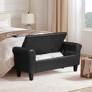 Faux Leather Upholstered Bench with Storage - Soft Padded Seat for Living Room, Bedroom & Entryway, Balck