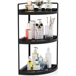 Corner Bathroom Counter Organizer, 3 Tier Bathroom Sink Shelf Countertop, Wood Vanity Skincare Storage for Toiletries Decor, Makeup, Dresser(Black)