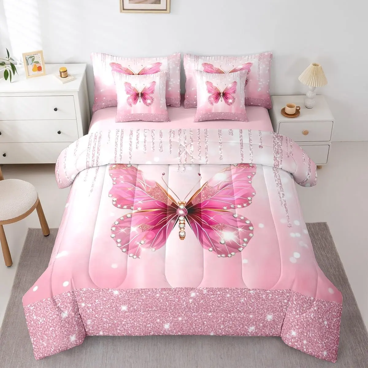 Butterfly Comforter Set 7 Pieces Dreamy Princess Bedding Set Glitter Bed in a Bag with Comforter,Sheets,Pillowcases,Cushion Covers Watercolor Butterflies