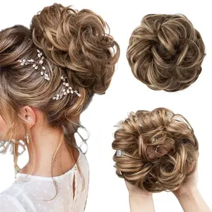 Large Messy Bun Hair Piece Wavy Curly Scrunchies Synthetic Chignon Ponytail Hair Extensions Thick Updo Hairpieces for Women Brunette/Honey Blonde