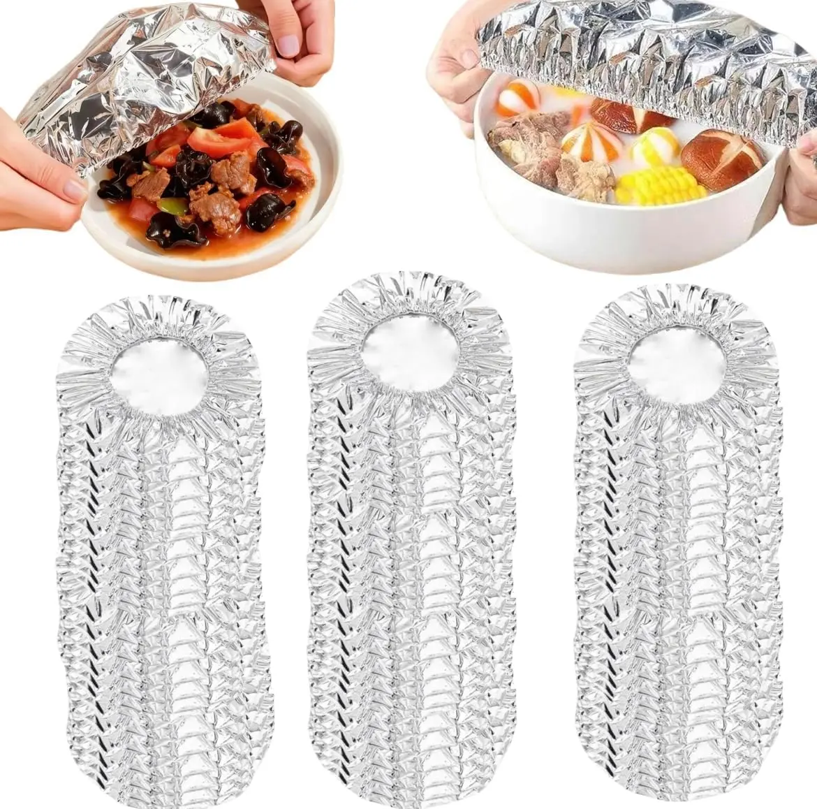 50 PCS Reusable Insulated Aluminum Foil Round Cookware Covers - Elastic Kitchen Dish Covers for Meal Prep, Insulates Heat, Keeps Fresh, Universal Fit for Bowls & Plates, Easy to Clean