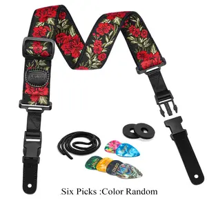 LEKATO LGS-12 Floral Bass Strap, 2" Wide Rose Embroidery Woven, Flower Guitar Strap for Bass Electric Acoustic Guitar with Clip Buckle, Guitar Straps with Pick Holder, 2 Blocks, 6 Picks