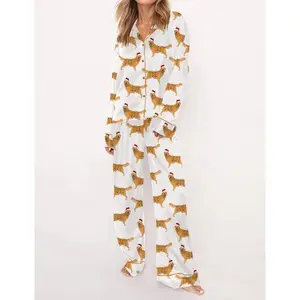 Christmas Golden Retriever Satin Pajama Set For Women, Festival Short Sleeve Sleepwear, Xmas Gifts for Her, Long Sleeve Pajamas